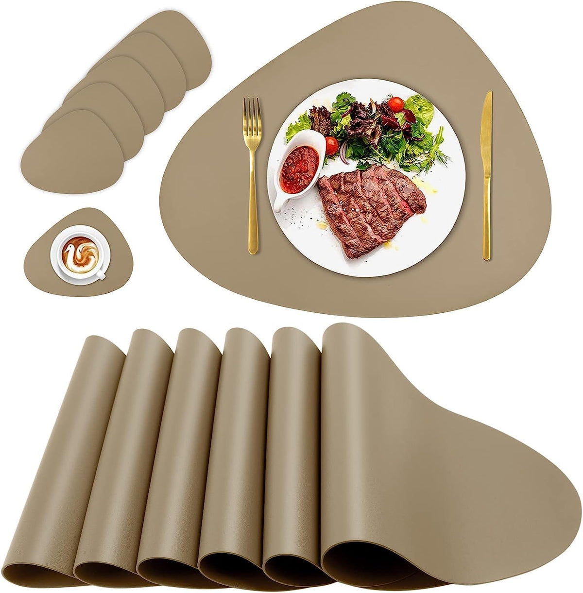 Leather Oval Placemat Mat with Tea Coasters Set of 2, 4, 6 Table Placemats for Dining and Kitchen