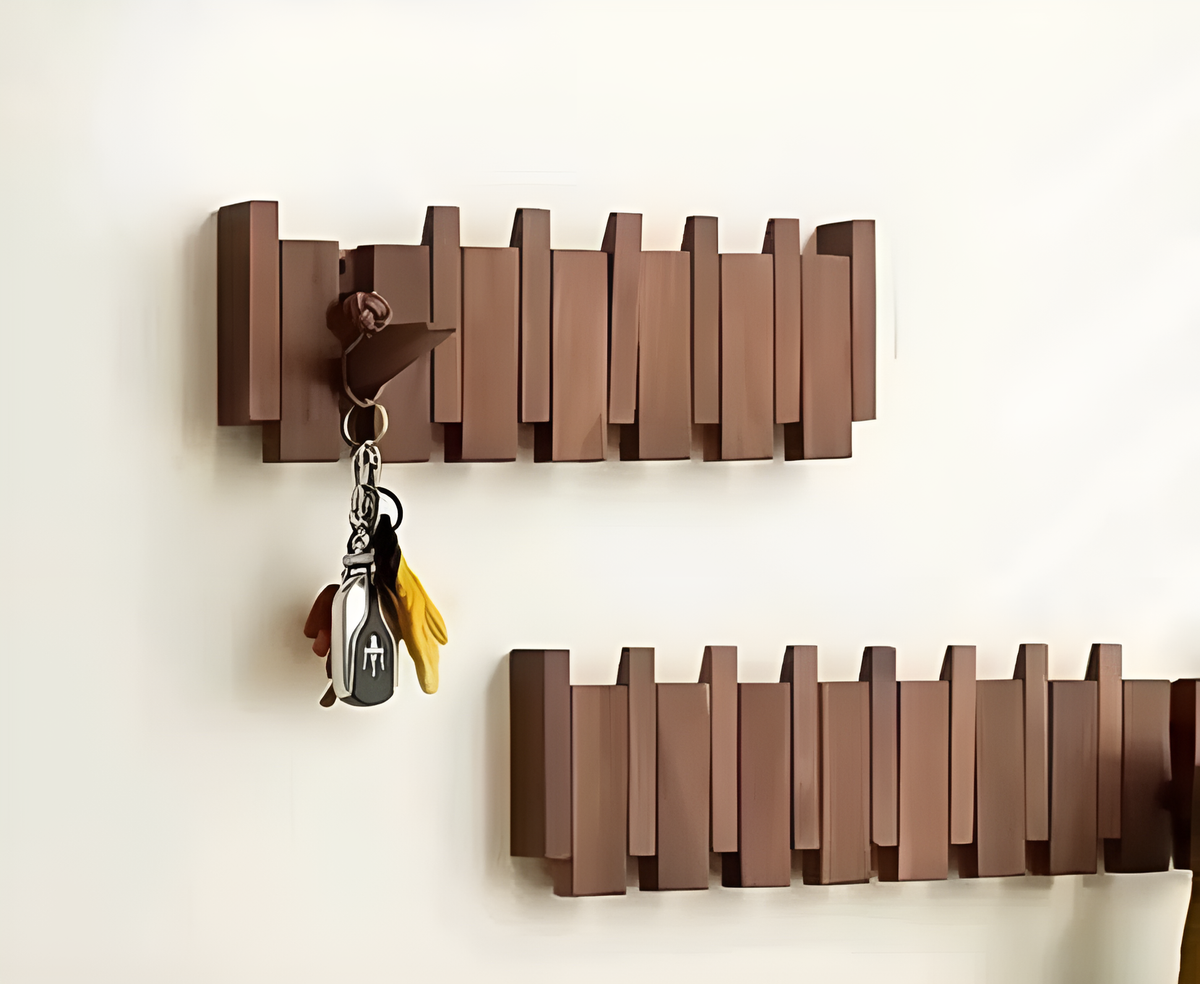 Natural Wood Wall-Mounted Flip Hook Rack for Home and Office