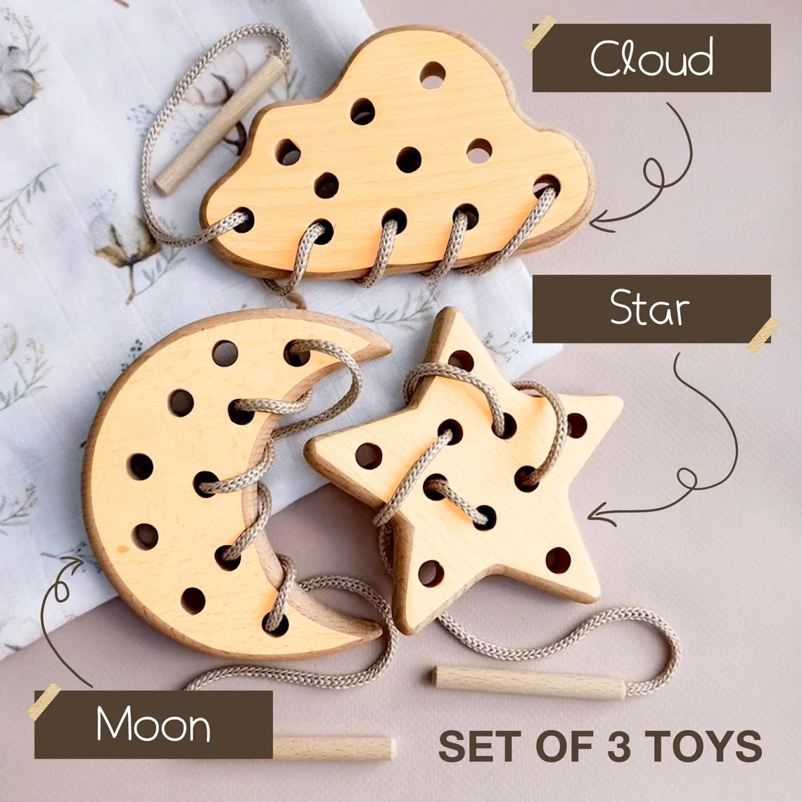 Wooden Lacing Toy for 2 Years Toddler Skills Development (Cloud Moon Star)