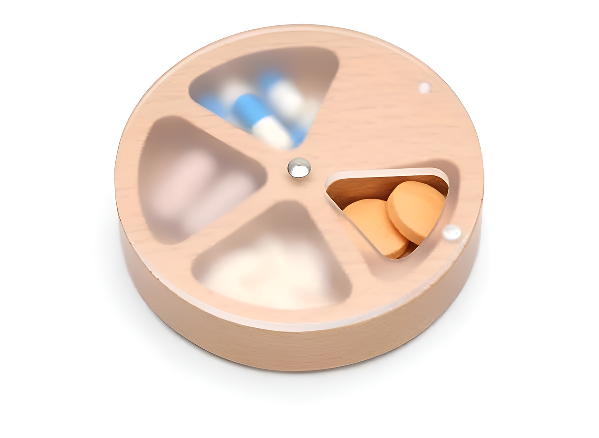 Wooden Rotating-4-Compartment Circular Pill Box with Magnetic Closure – Compact Travel Medicine Storage for Vitamins & Tablets