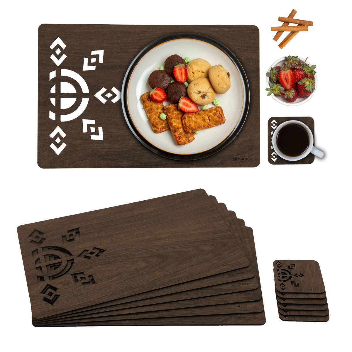 Wooden Rectangle Placemat Mat with Tea Coasters Set of 2, 4, 6 Table Placemats for Dining and Kitchen