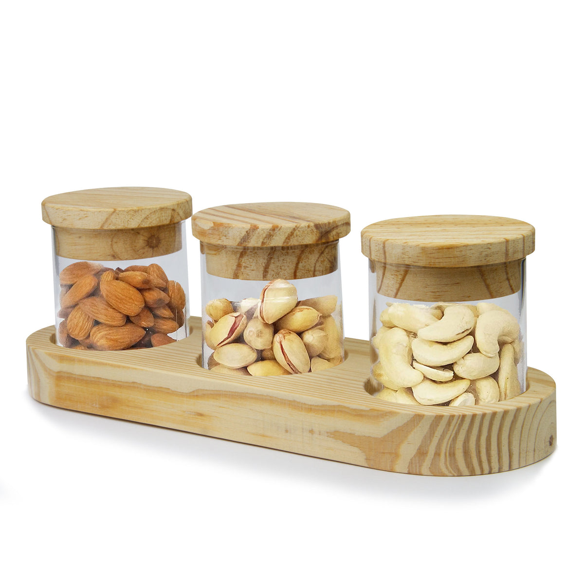 Storage Glass Jar Set with Wooden Lids and Tray