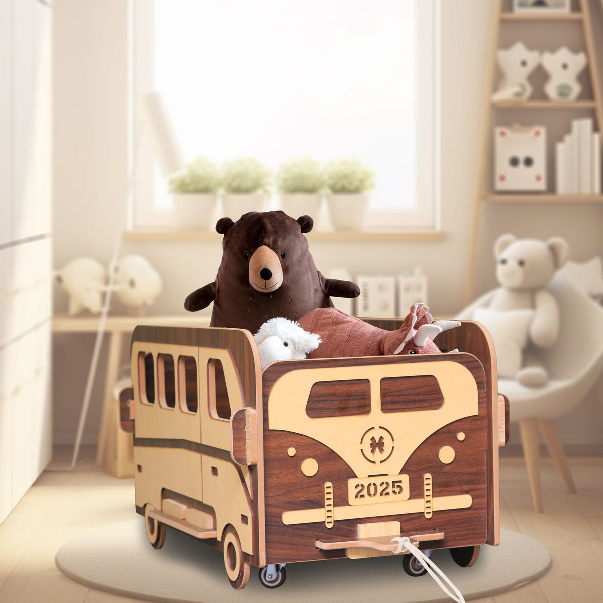 Wooden Foldable Toy Bus - Large Capacity with Wheels and Handle for Baby Clothes Food Snacks Toys and Picture books