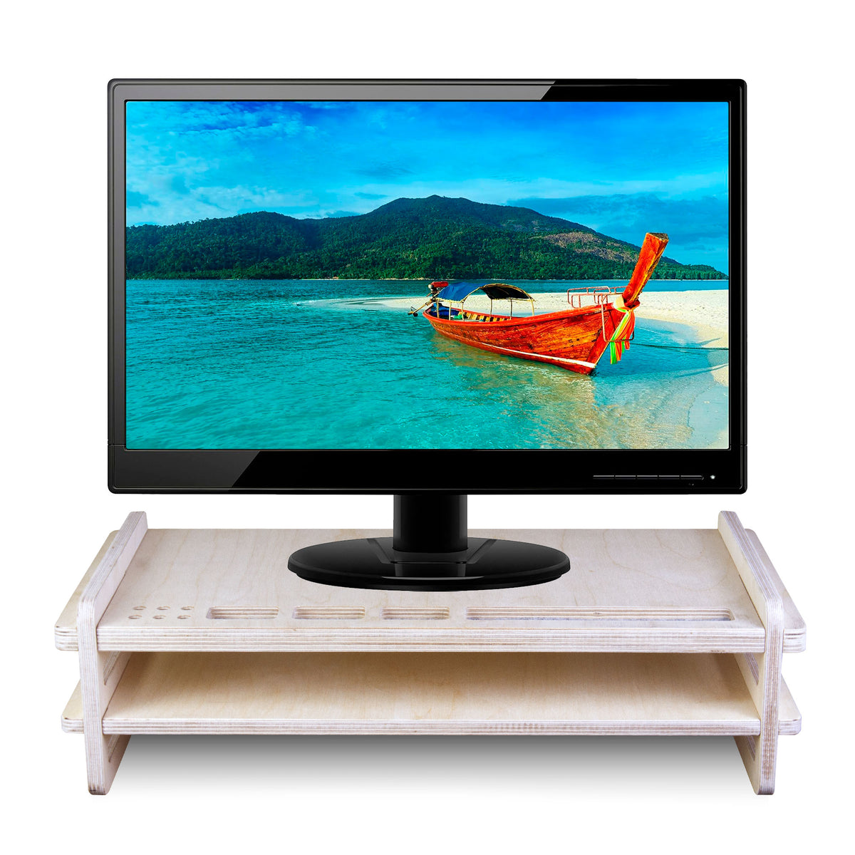 Wooden Monitor Stand Riser with Organizer Slots for Office & Home