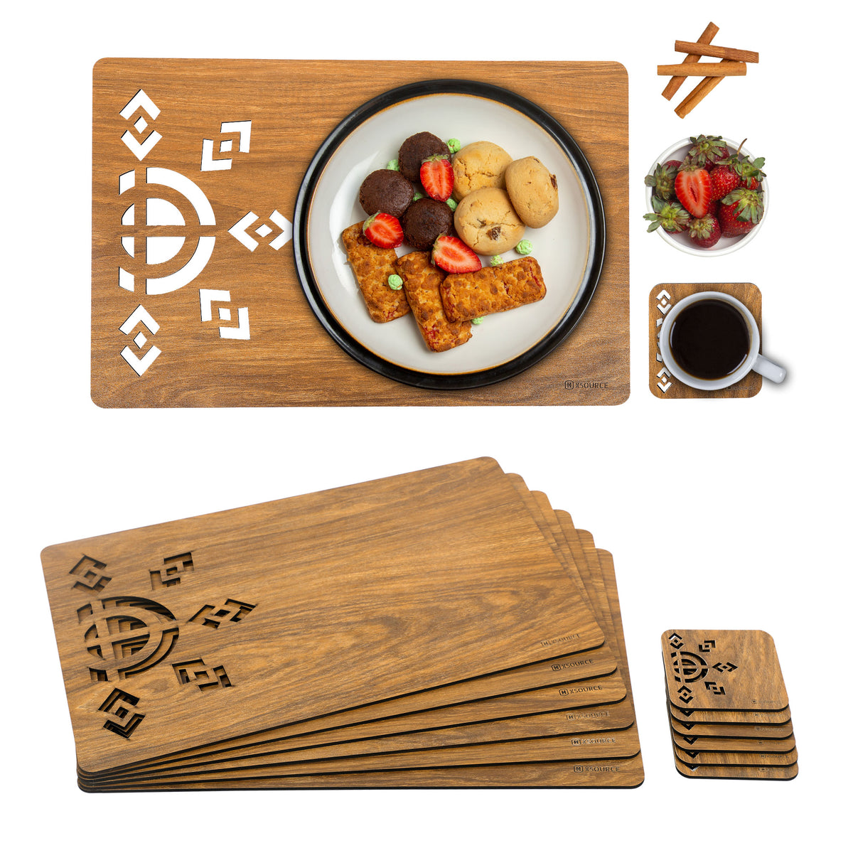 Wooden Rectangle Placemat Mat with Tea Coasters Set of 2, 4, 6 Table Placemats for Dining and Kitchen