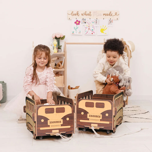 Wooden Foldable Toy Bus - Large Capacity with Wheels and Handle for Baby Clothes Food Snacks Toys and Picture books