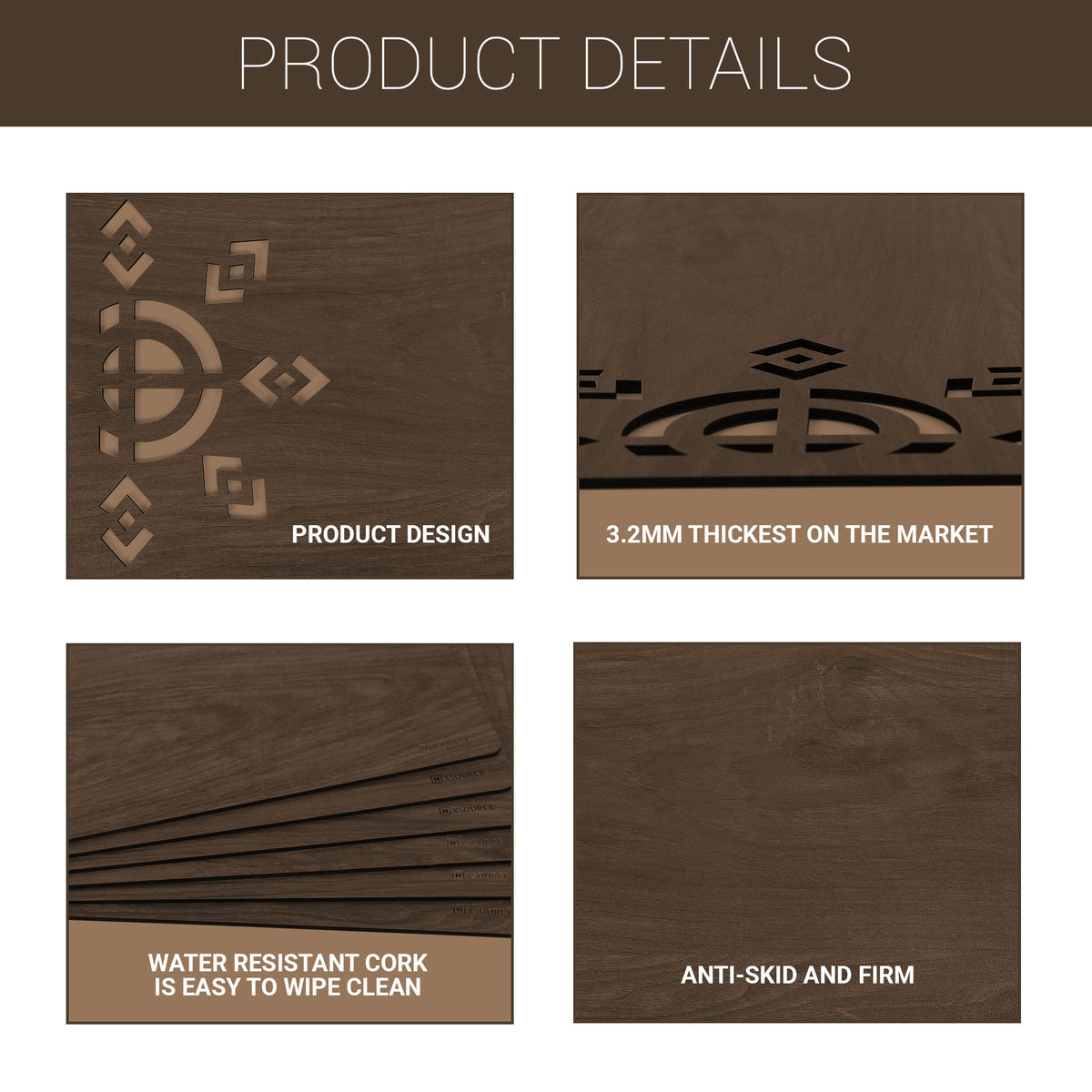 Wooden Rectangle Placemat Mat with Tea Coasters Set of 2, 4, 6 Table Placemats for Dining and Kitchen