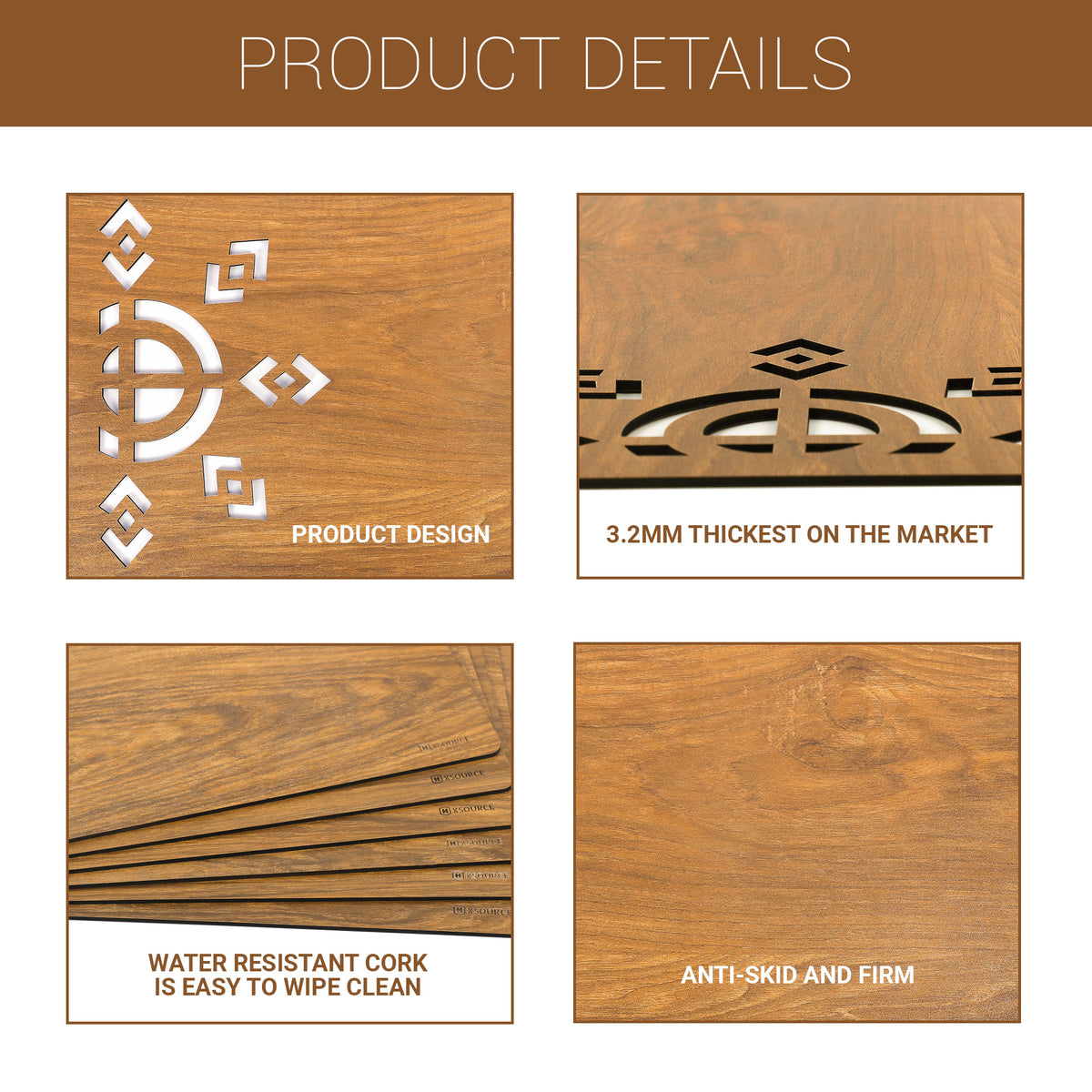 Wooden Rectangle Placemat Mat with Tea Coasters Set of 2, 4, 6 Table Placemats for Dining and Kitchen