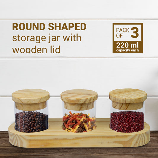 Storage Glass Jar Set with Wooden Lids and Tray
