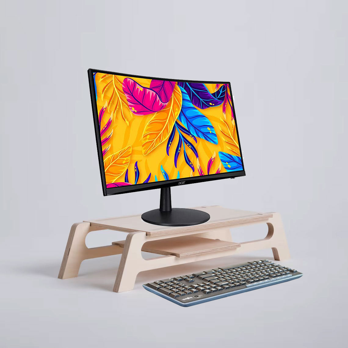 Wooden Monitor Stand Riser with Organizer Slots for Office & Home