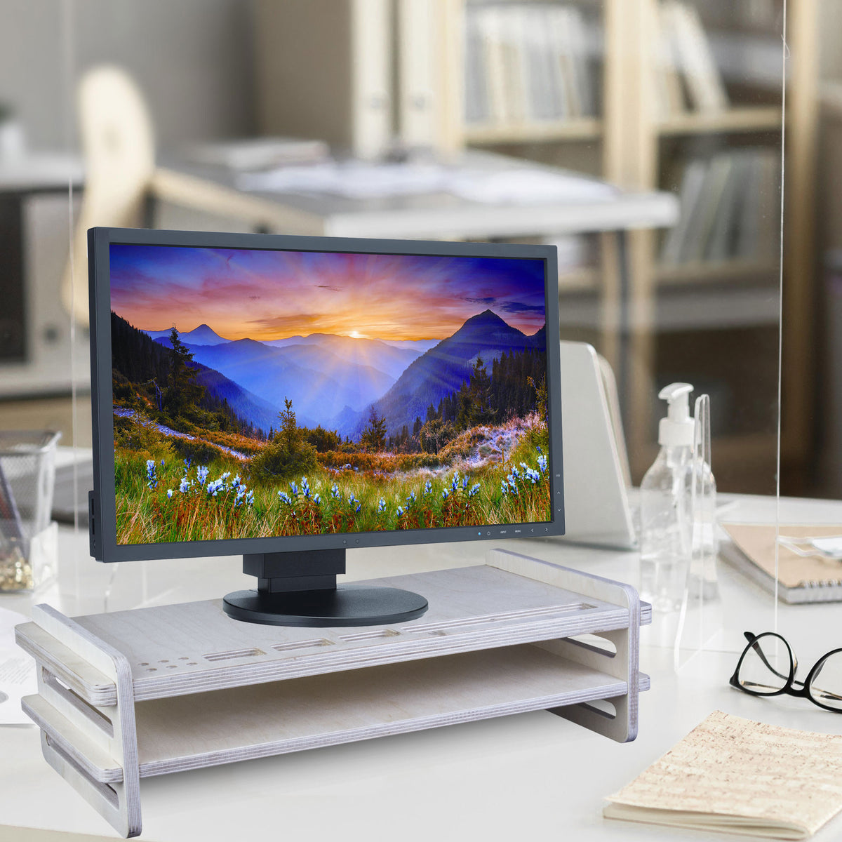 Wooden Monitor Stand Riser with Organizer Slots for Office & Home