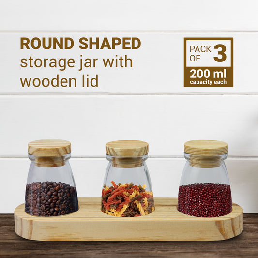 Glass Storage Jar Set with Wooden Lids and Tray