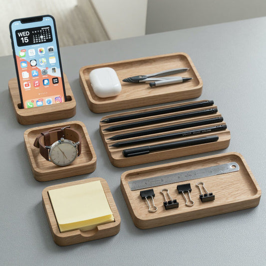 Stylish Wooden Desk Organizer with Compartments for Phone, Pens