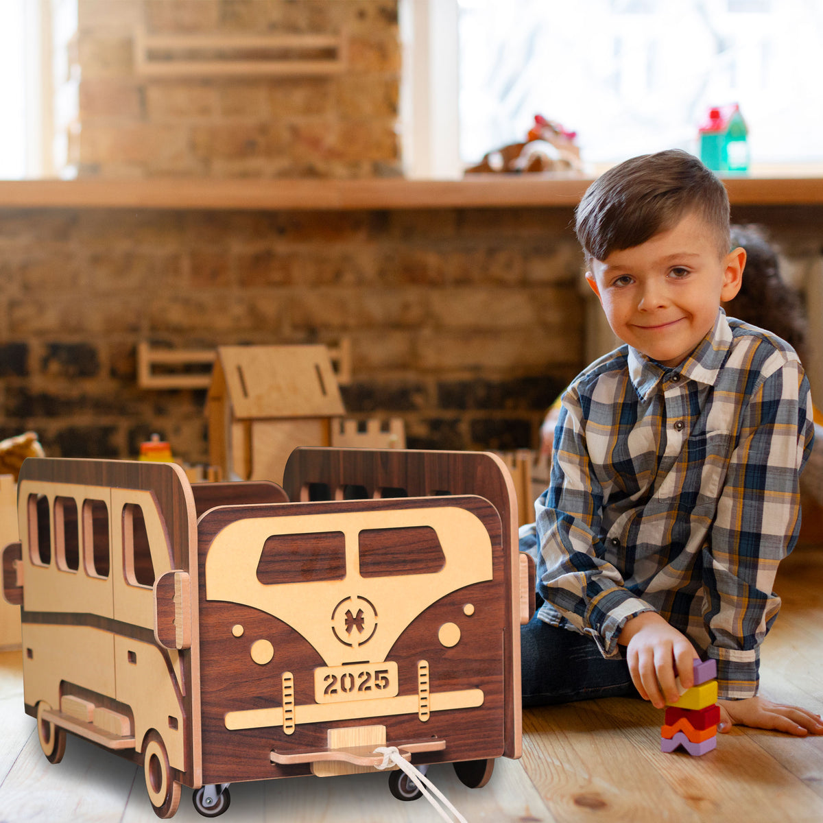 Wooden Foldable Toy Bus - Large Capacity with Wheels and Handle for Baby Clothes Food Snacks Toys and Picture books