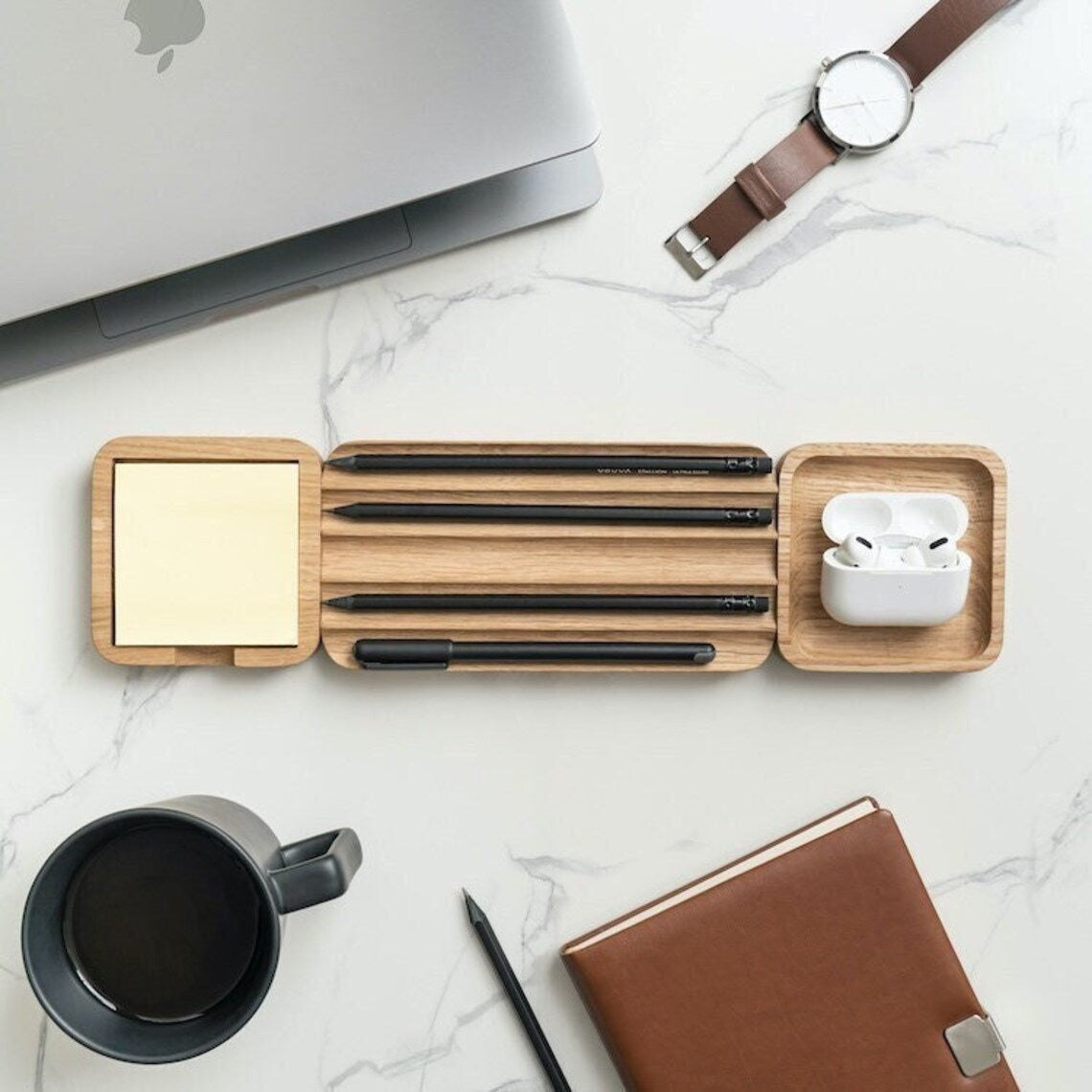Stylish Wooden Desk Organizer with Compartments for Phone, Pens