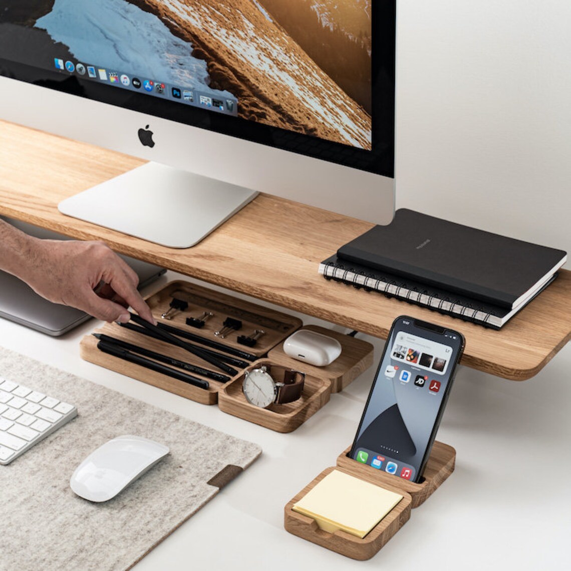 Stylish Wooden Desk Organizer with Compartments for Phone, Pens