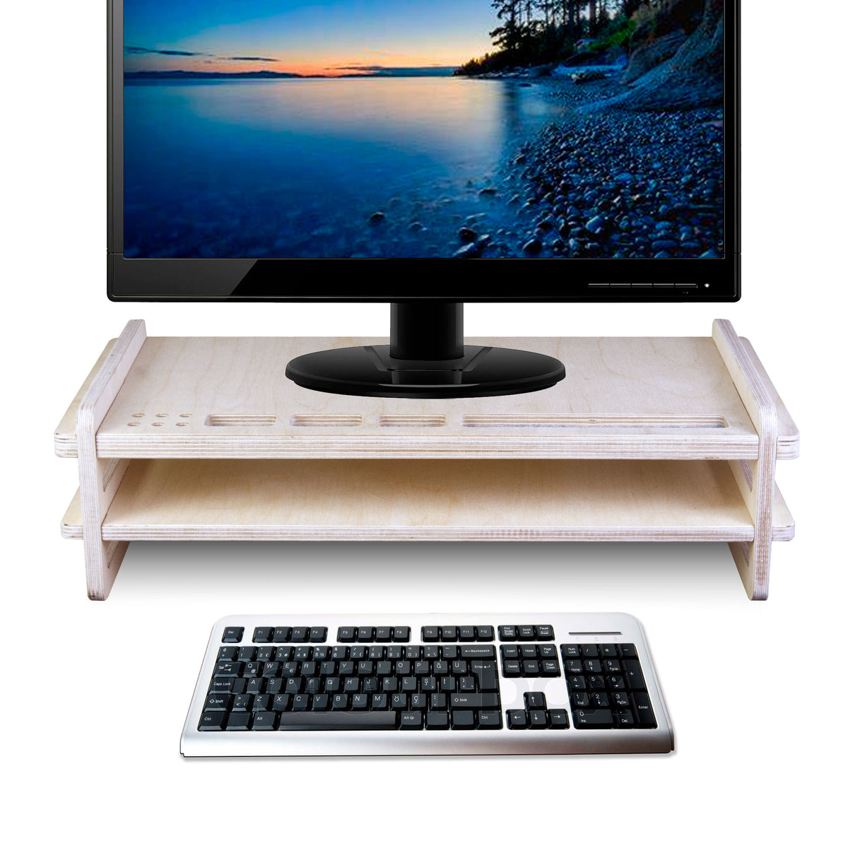 Wooden Monitor Stand Riser with Organizer Slots for Office & Home