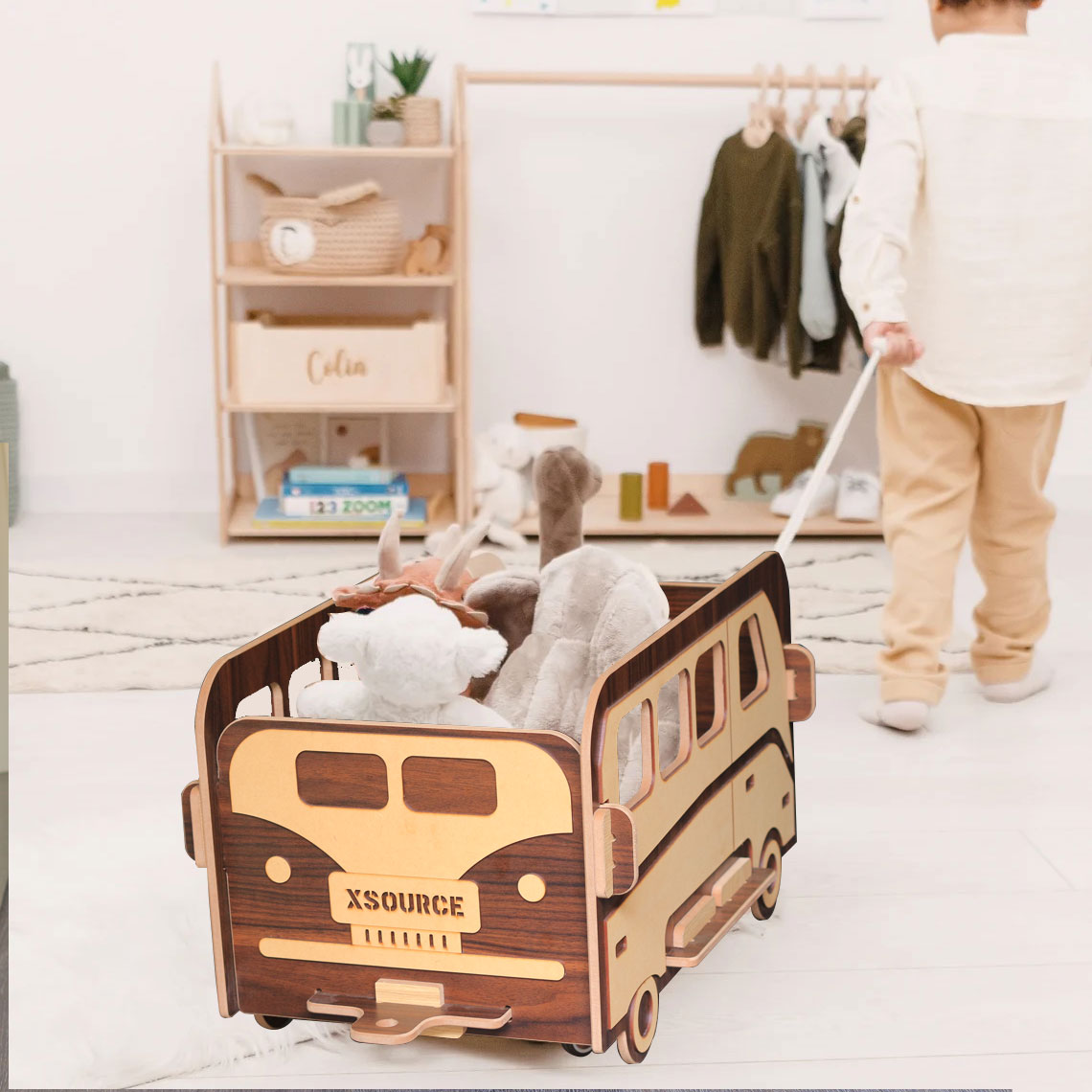 Wooden Foldable Toy Bus - Large Capacity with Wheels and Handle for Baby Clothes Food Snacks Toys and Picture books