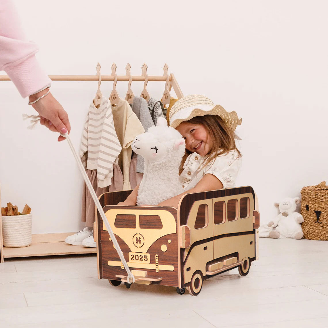 Wooden Foldable Toy Bus - Large Capacity with Wheels and Handle for Baby Clothes Food Snacks Toys and Picture books