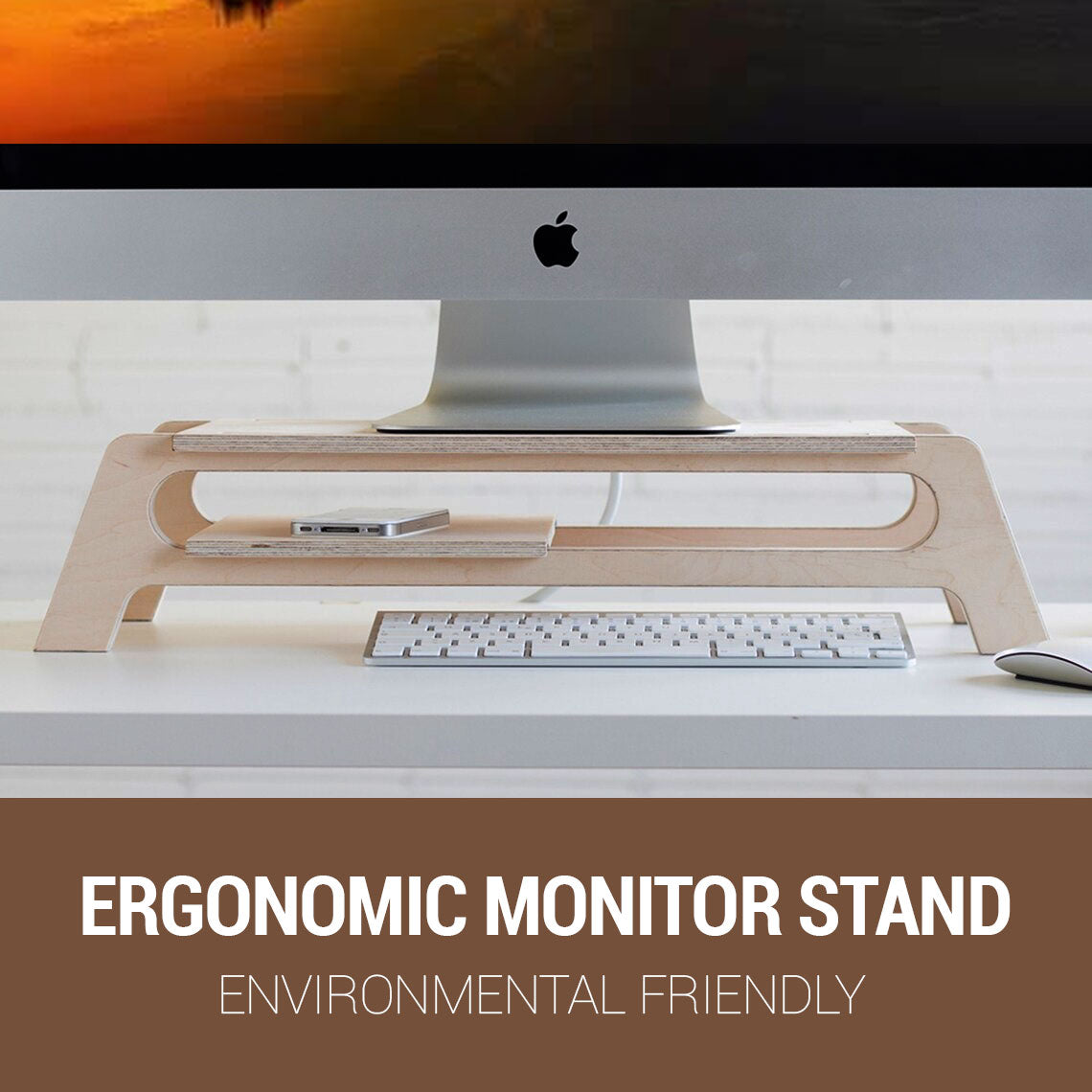 Wooden Monitor Stand Riser with Organizer Slots for Office & Home