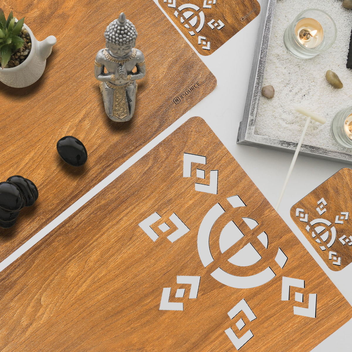 Wooden Rectangle Placemat Mat with Tea Coasters Set of 2, 4, 6 Table Placemats for Dining and Kitchen
