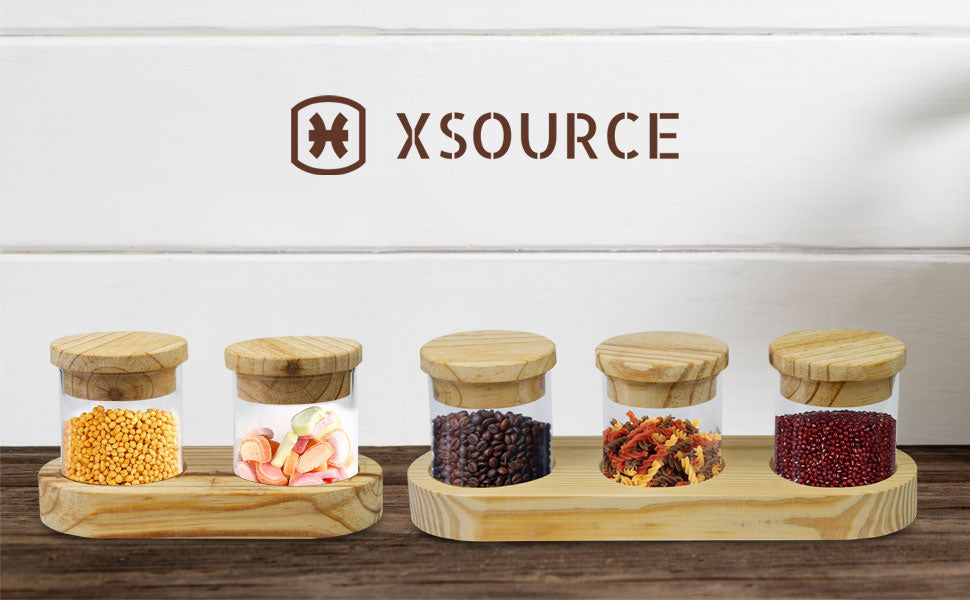 Storage Glass Jar Set with Wooden Lids and Tray