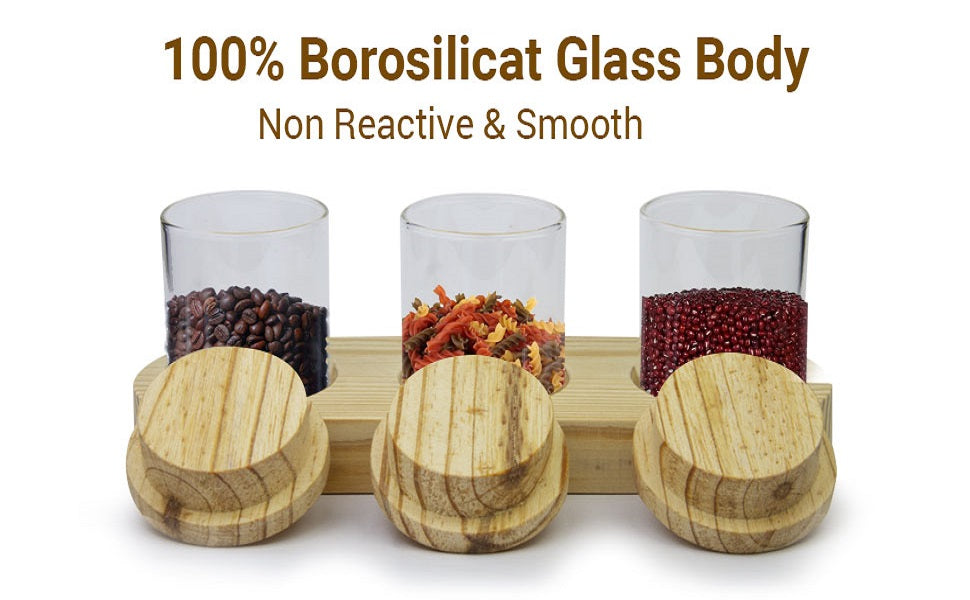 Storage Glass Jar Set with Wooden Lids and Tray