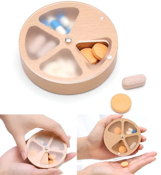 Wooden Rotating-4-Compartment Circular Pill Box with Magnetic Closure – Compact Travel Medicine Storage for Vitamins & Tablets