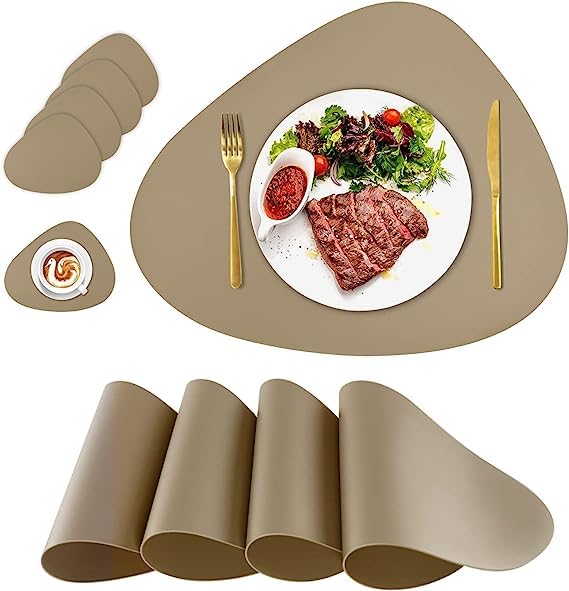 Leather Oval Placemat Mat with Tea Coasters Set of 2, 4, 6 Table Placemats for Dining and Kitchen