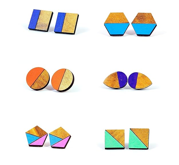 Handmade Wooden Stud Earrings Set For Girls And Women (Pack Of 6)