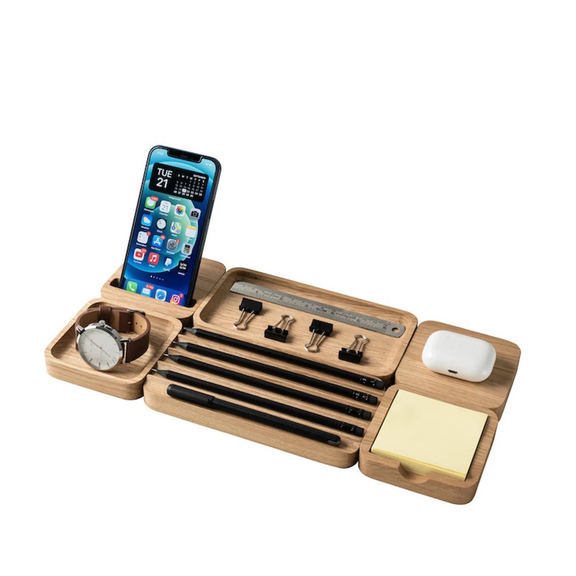 Stylish Wooden Desk Organizer with Compartments for Phone, Pens