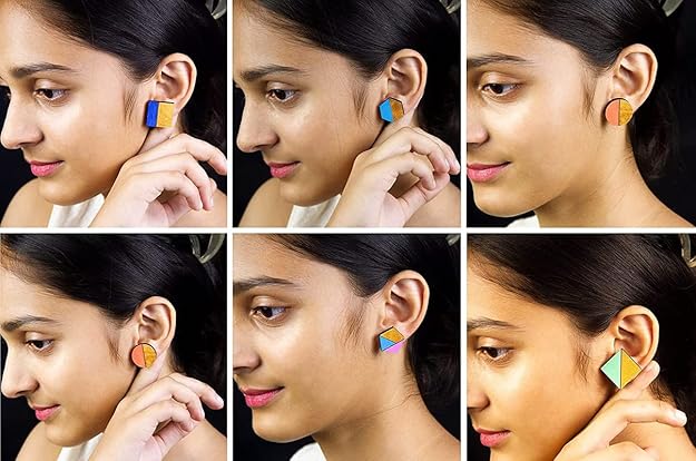 Handmade Wooden Stud Earrings Set For Girls And Women (Pack Of 6)