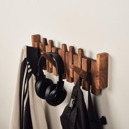 Natural Wood Wall-Mounted Flip Hook Rack for Home and Office