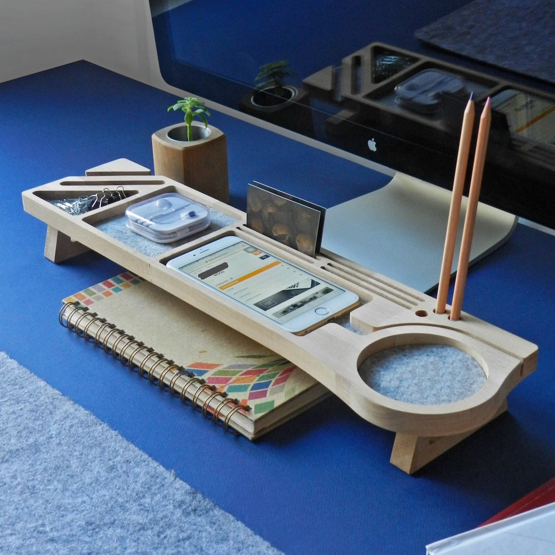 Stylish Wooden Desk Organizer with Compartments for Phone, Pens