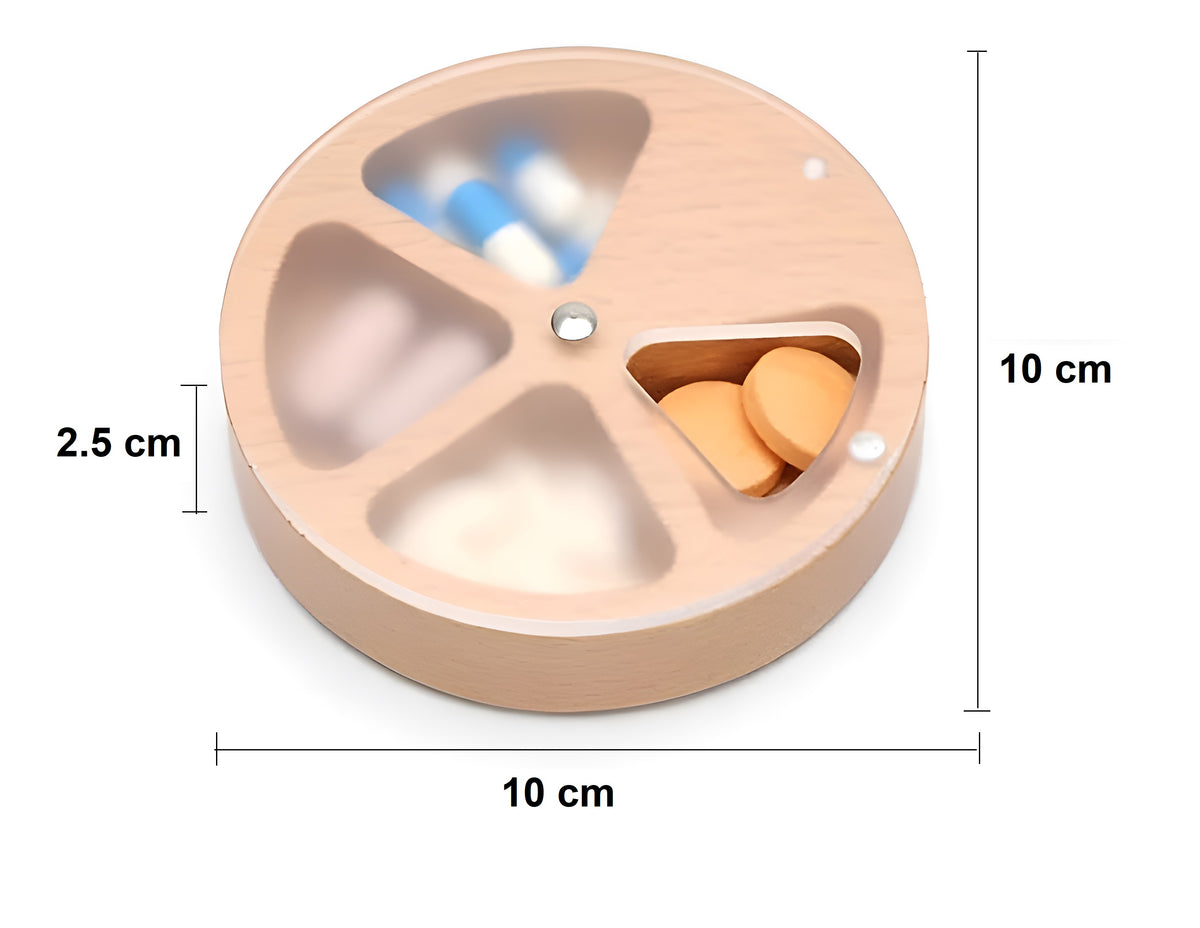 Wooden Rotating-4-Compartment Circular Pill Box with Magnetic Closure – Compact Travel Medicine Storage for Vitamins & Tablets