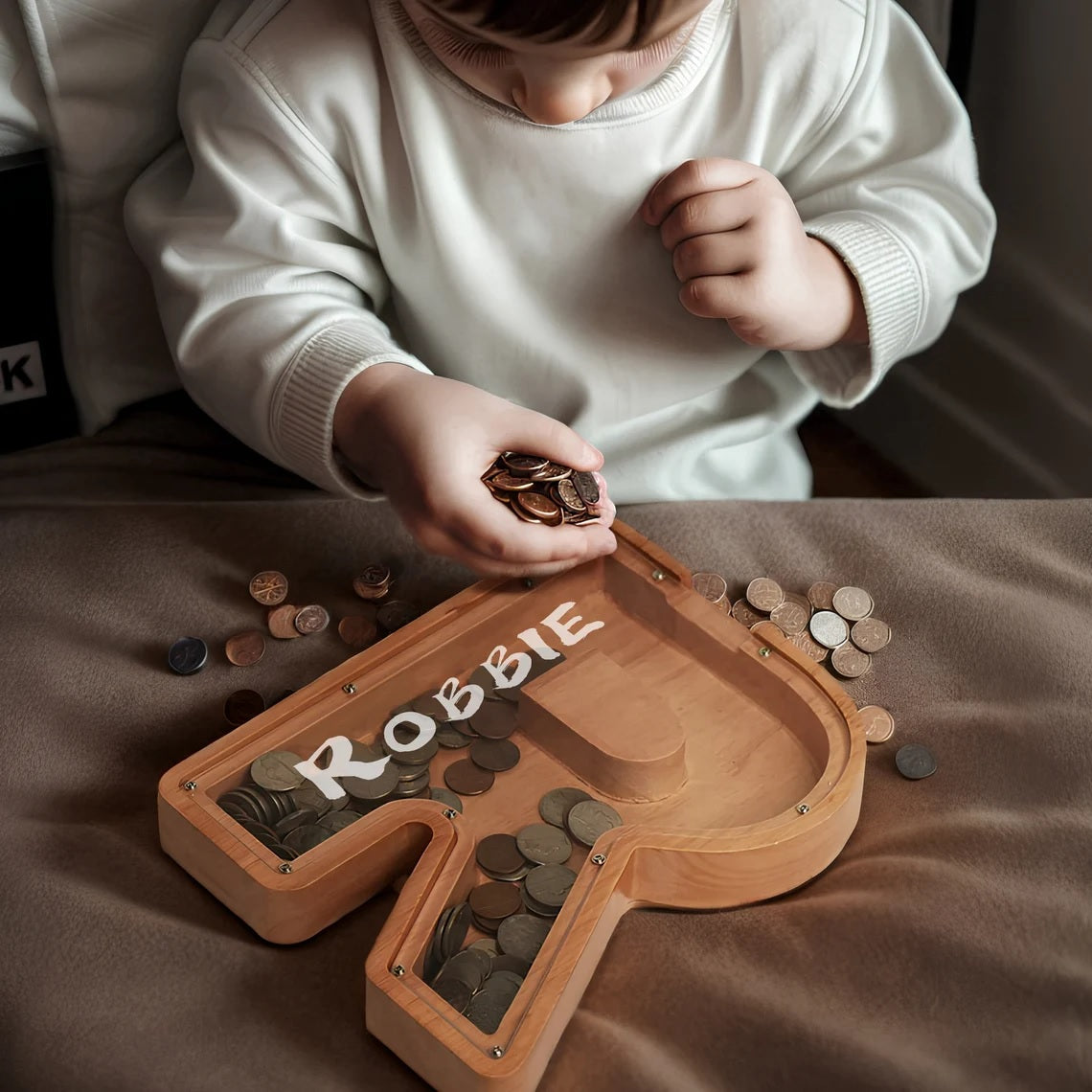 Wooden Alphabet Piggy Bank with Clear Acrylic Front A-Z Letters for Kids & Adults