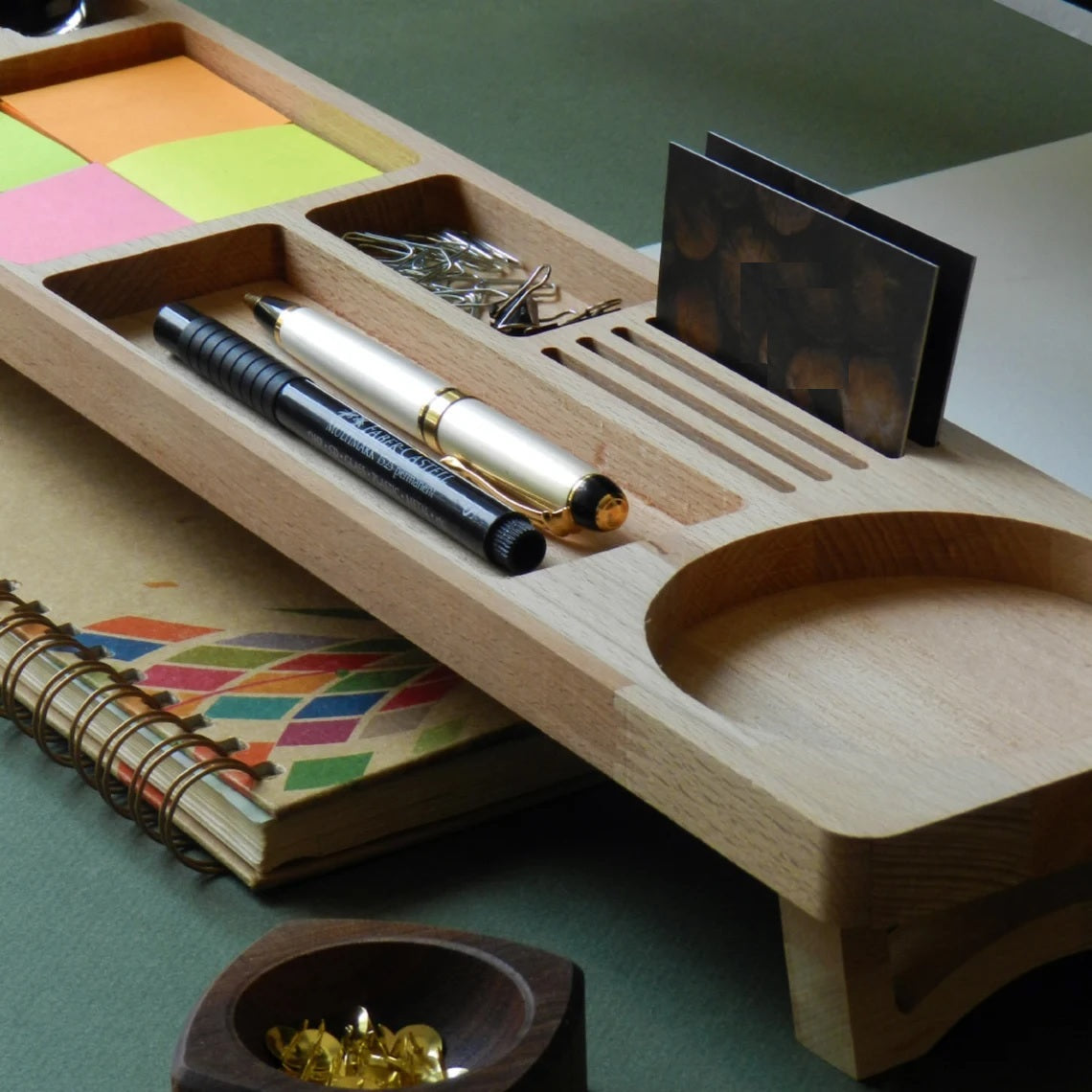 Stylish Wooden Desk Organizer with Compartments for Phone, Pens