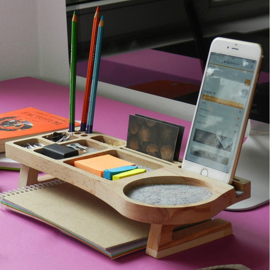 Stylish Wooden Desk Organizer with Compartments for Phone, Pens