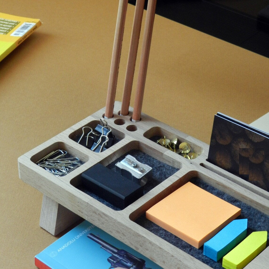Stylish Wooden Desk Organizer with Compartments for Phone, Pens