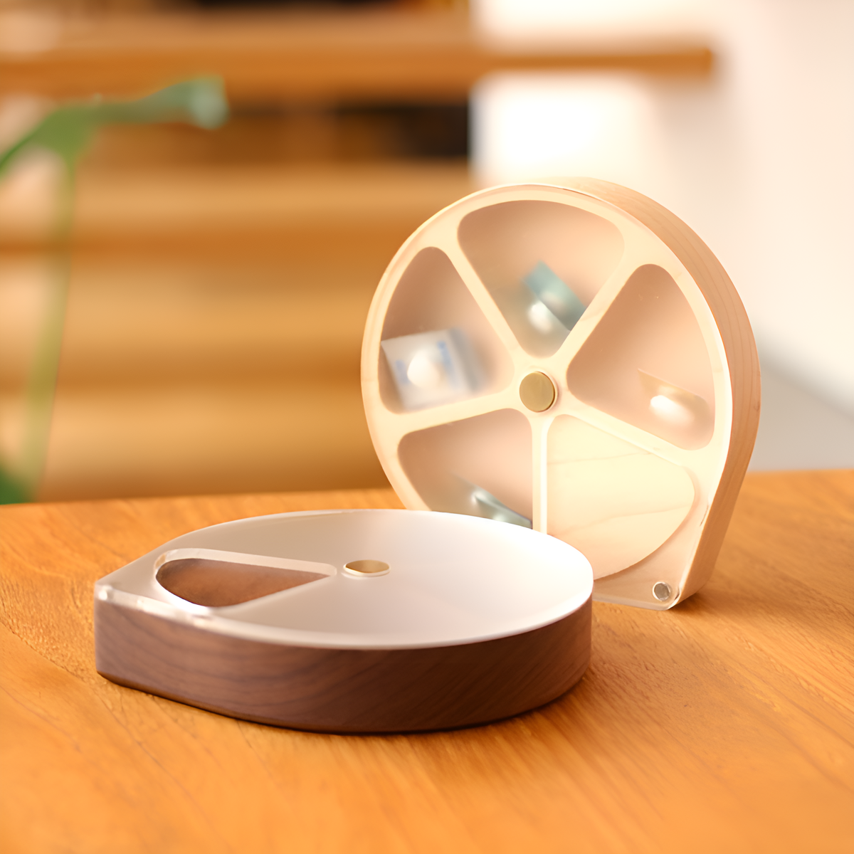 Wooden Rotating-4-Compartment Circular Pill Case with Magnetic Closure – Compact Travel Medicine Storage for Vitamins & Tablets