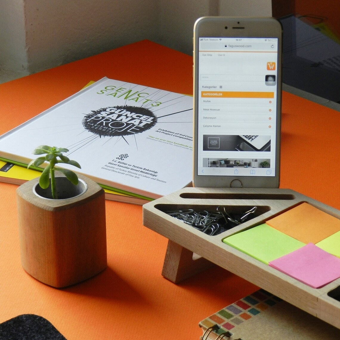 Stylish Wooden Desk Organizer with Compartments for Phone, Pens