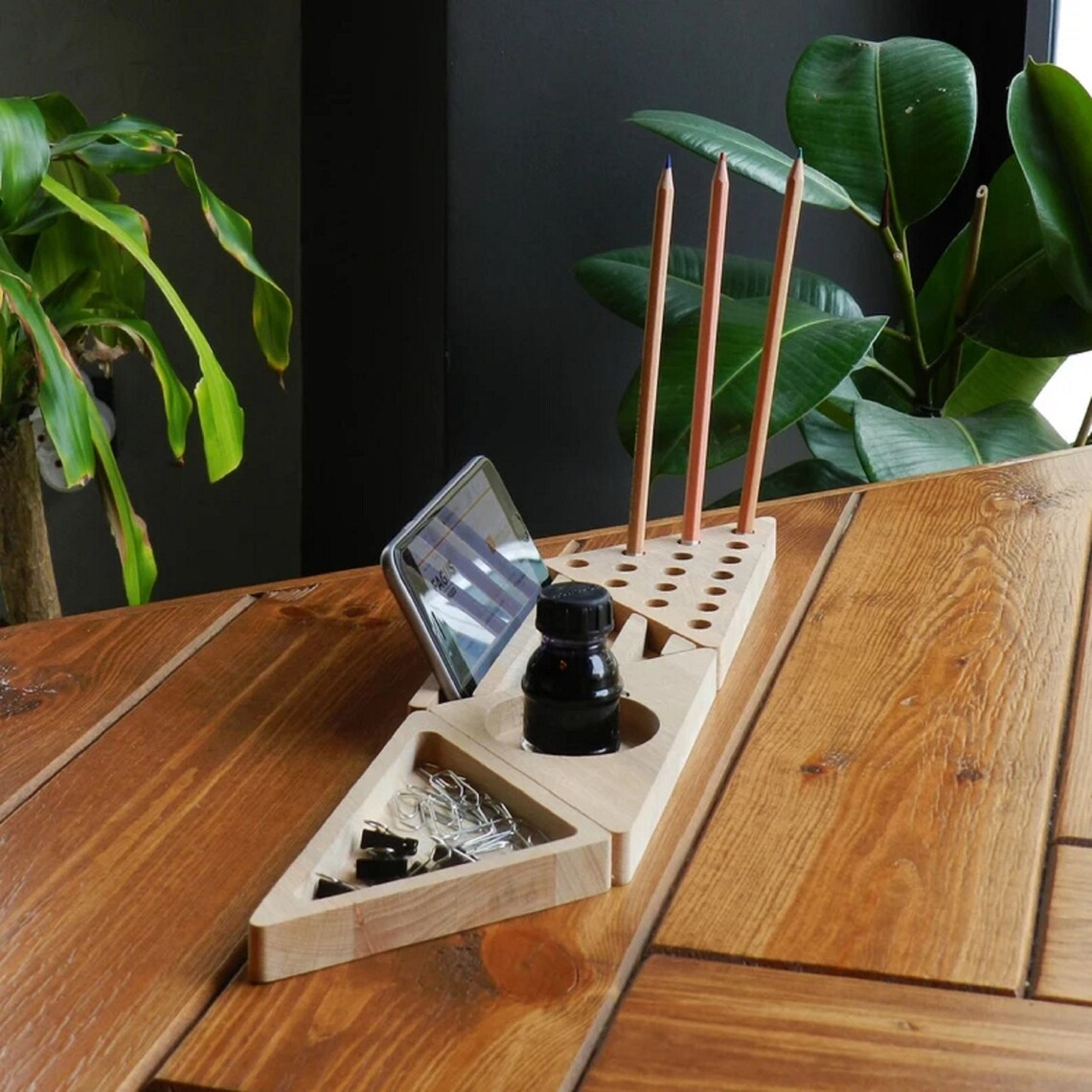 Stylish Wooden Desk Organizer with Compartments for Phone, Pens