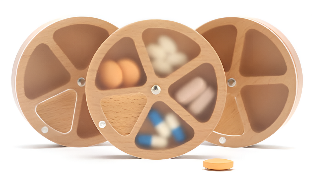 Wooden Rotating-4-Compartment Circular Pill Box with Magnetic Closure – Compact Travel Medicine Storage for Vitamins & Tablets