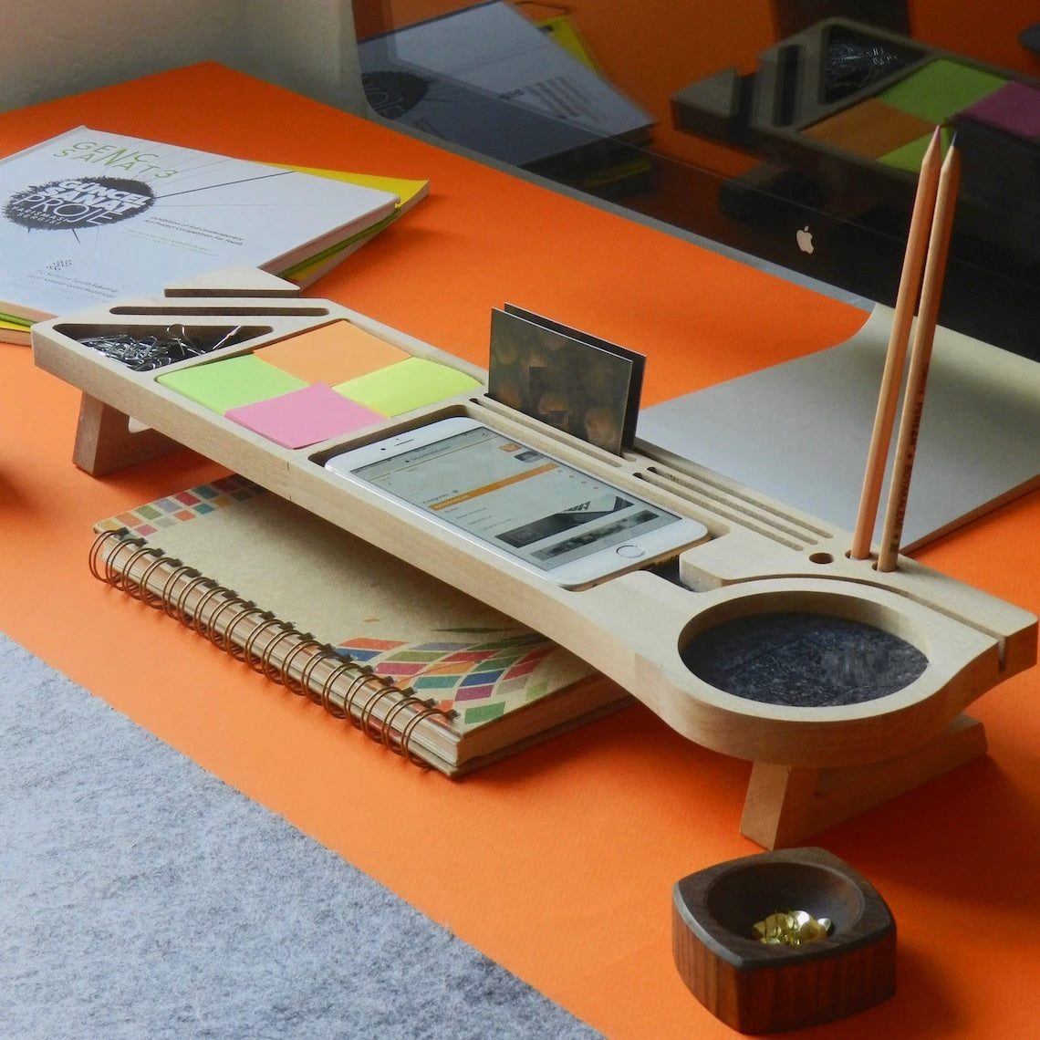 Stylish Wooden Desk Organizer with Compartments for Phone, Pens