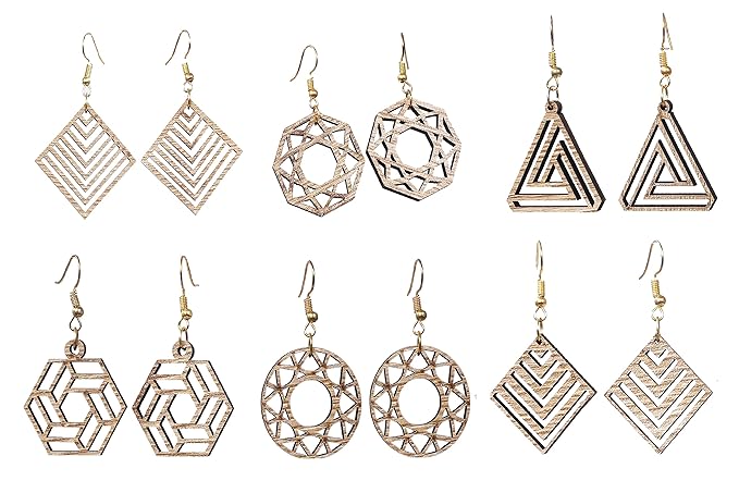Wooden Round & Square Earrings with Jewelry Organizer Box Set of 6 Pairs for Women and Girls
