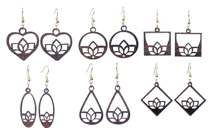 Wooden Heart Style Earrings with Jewelry Organizer Box Set of 6 Pairs for Women and Girls