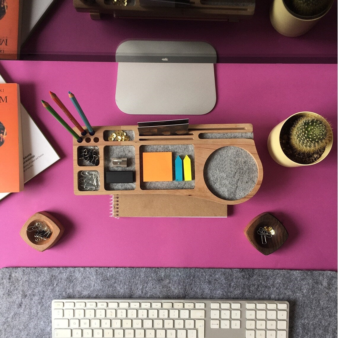 Stylish Wooden Desk Organizer with Compartments for Phone, Pens