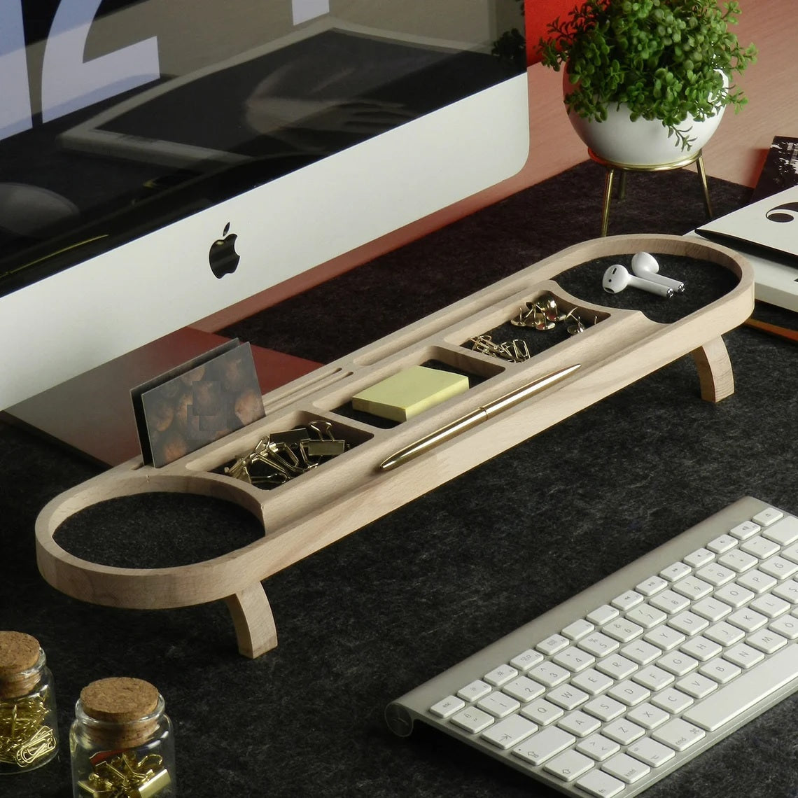 Stylish Wooden Desk Organizer with Compartments for Phone, Pens