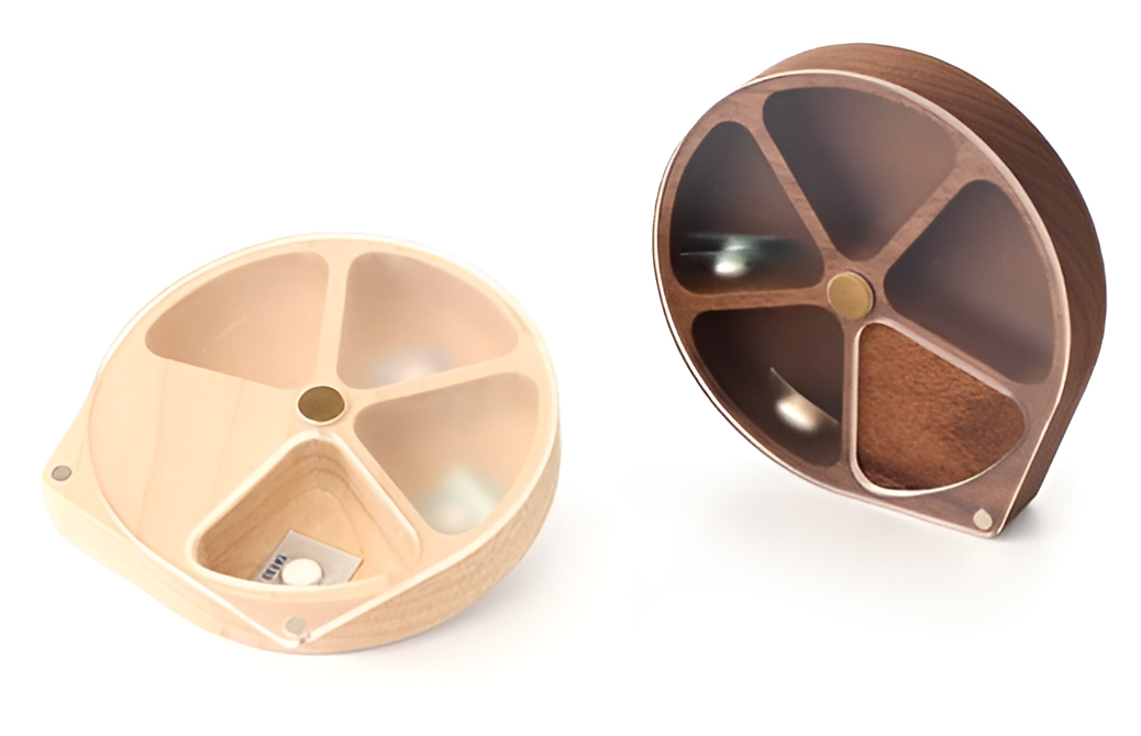 Wooden Rotating-4-Compartment Circular Pill Case with Magnetic Closure – Compact Travel Medicine Storage for Vitamins & Tablets