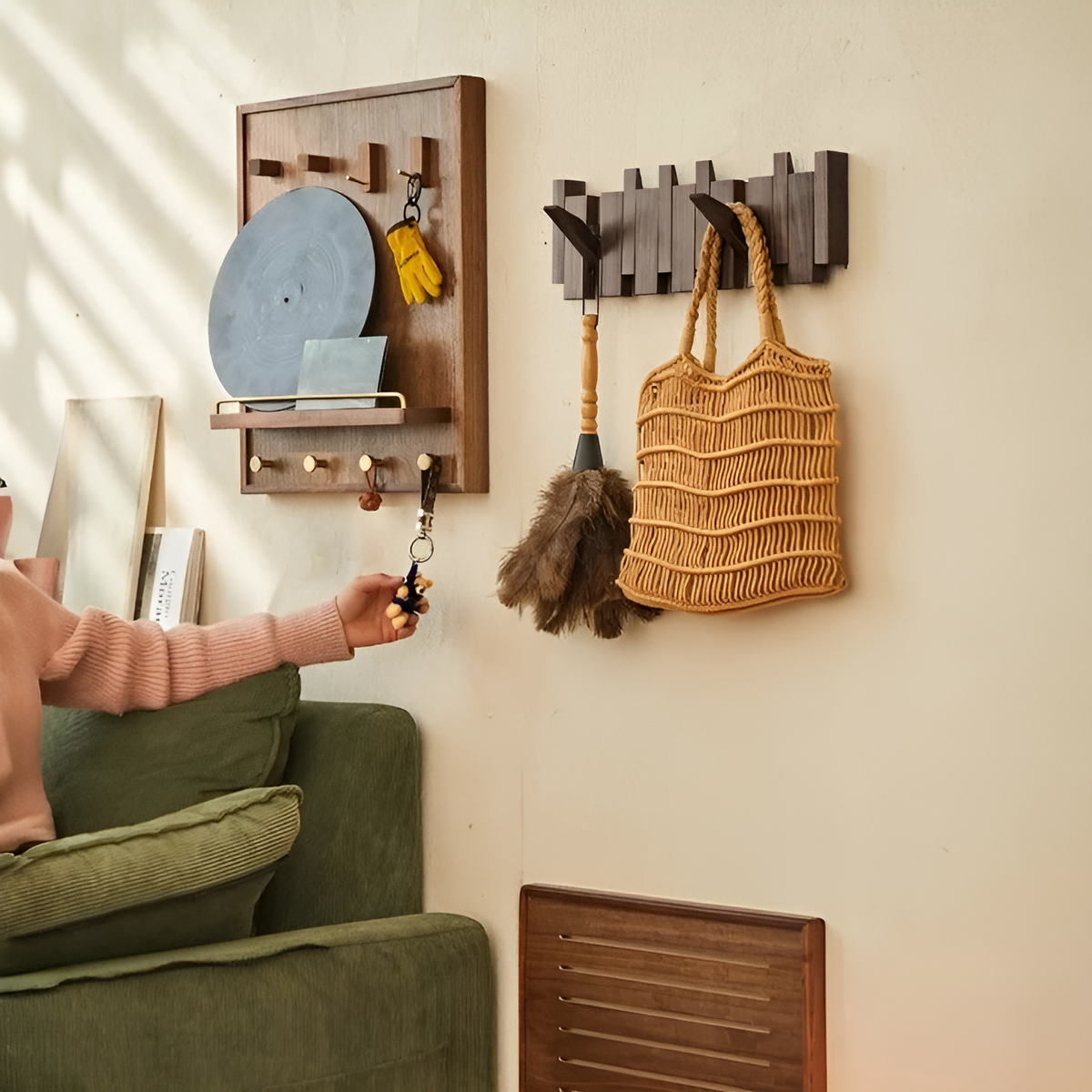 Natural Wood Wall-Mounted Flip Hook Rack for Home and Office